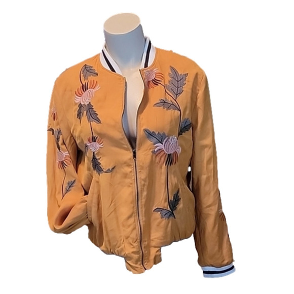 Yellow/gold Floral Embroidered Solstice Bomber Jacket Zip. Fall. Winter - Picture 1 of 8